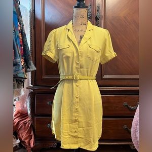 Yellow belted button up dress w collar